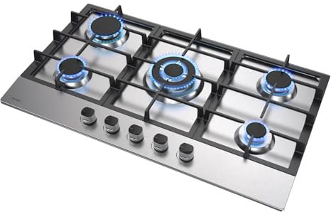 Hermitlux Piano Cottura a Gas 5 Fuochi 85cm da Incasso, per Gas Naturale/Propano, Sicurezza Tramite termocoppia, Acciaio Inossidabile