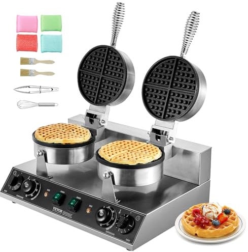 VEVOR Gaufrier Commercial 2460 W, Appareil à Gaufre Ronde à Double Tête, en Acier Inoxydable, Antiadhésif, avec Contrôle de la Température et du Temps, pour Restaurant Boulangerie Snack Bar Famille
