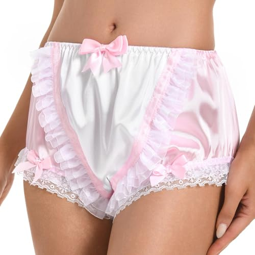 Satini Sissy Satintrosor Tvåfärgad Spets Rosetter | Rymlig passform, Silkeslent tyg, Diagonal kant vid benen, Tre dekorknutar, Vuxenblöjskydd, Storlek S-XXL