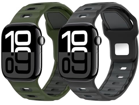 MoKo 2Pack Correa de Reloj Compatible con Apple Watch Ultra 3/2/1 49mm,S11/S10 46mm,9/8/7 45mm,SE3/SE2/SE/6/5/4 44mm,3/2/1 42mm, Correa de Silicona Engrosada Deportiva de Repuesto,VerdeMClaro+NegrMT