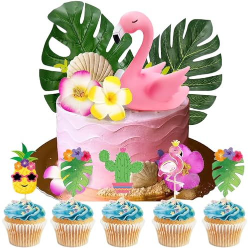 MEZHEN Hawaii Tortendeko Flamingo Kuchen Deko Blumen Torte Deko Geburtstag Cake Topper Kuchendekoration Palmblätter Kuchendeko Strand Tropical Picknick Kuchen Topper Cupcake