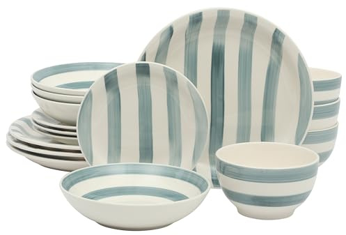 Gibson Home Kenwood Shores 16 Piece Dinnerware Set, Blue Striped, Hand-Painted Stoneware Dishes, Plates and Bowls, Service for 4, Microwave & Dishwasher Safe