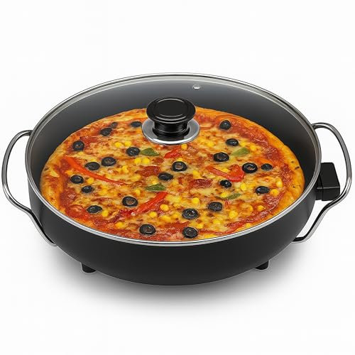 SHOV Elektrische Guss Multipfanne 42 cm - Premium Editon – Pizzapfanne mit Deckel, Thermostat & Antihaft – 3-in-1 Kochen, Grillen, Warmhalten – 1200 W Döküm Pfanne -