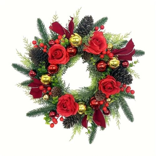 UGDOUS Weihnachtskranz Rattan Set Rote Rose Kranz Fit for Front Tür Hängende Girlande Weihnachten Ornamente(1.5m Rattan)