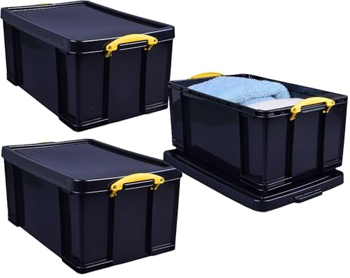Really Useful Box Plastic Storage 64 Litre Solid Black Yellow Handles pack of 3