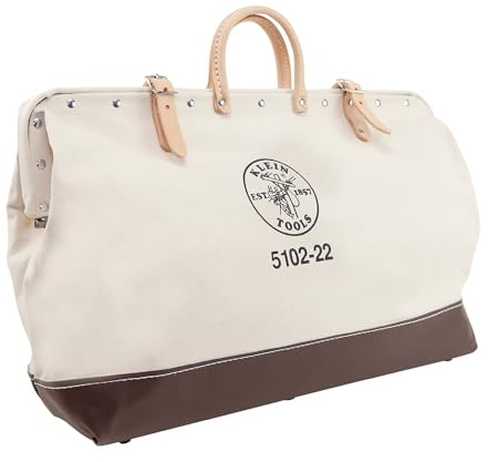 Klein Tools 5102-22 Heavy Duty Natural Canvas Tool Bag, Tool Tote, Multi-Purpose Bag with Wide Hinged Opening and Leather Handles, 22-Inch