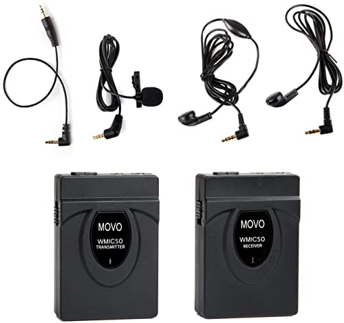 Movo WMIC50 2.4GHz Wireless Lavalier Microphone System with Integrated 164-foot Range Antenna (Includes Transmitter with Belt Clip, Receiver with Camera Shoe, Lavalier and 2 Earphones)
