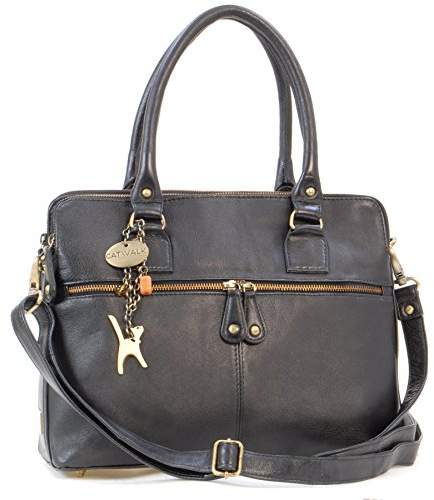 Catwalk Collection Handbags - Damen Leder Schultertasche - Umhängetasche Groß - Tote Bag - Handtasche - Abnehmbarer Schultergurt - VICTORIA - Schwarz