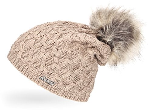 Neverless® Damen Strickmütze gefüttert mit Fell-Bommel, Strick-Beanie, Winter-Mütze, Bommelmütze, Dunkelbeige Unisize