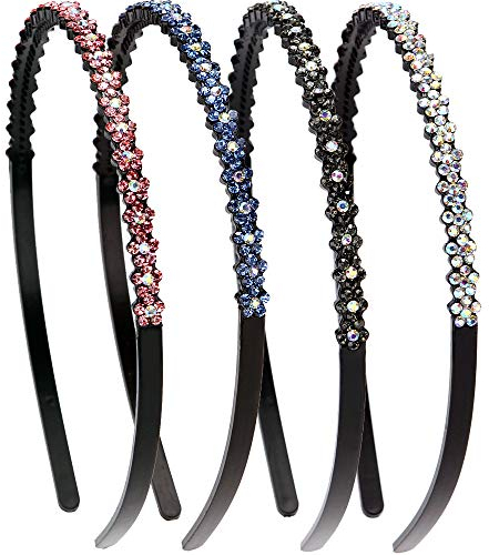 LONEEDY 4 Pack Fashion Rhinestone and Crystal Hard Headbands, Non-slip Teeth Hairband for Women
