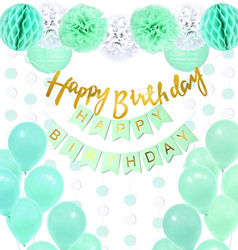 32er Set Mint Grün Happy Birthday Ballons Banner Pompoms Geburtstagsdeko Party Dekorationen geburtstagsdeko kinder