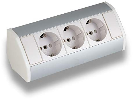Praktische Küchen-Steckdose, Bad, Wohnzimmer, Möbel. Ecksteckdose ideal für Küchen-Arbeitsplatte als Aufbausteckdose oder Unterbausteckdose, 15 cm Anschluss., Eck SD Alu:3X. weiß
