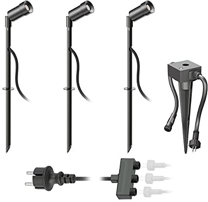 ledscom.de LED Gartenstrahler Spico schwarz mit Erdspieß und Dämmerungssensor für außen IP44 je 125lm kalt-weiß 3er Set