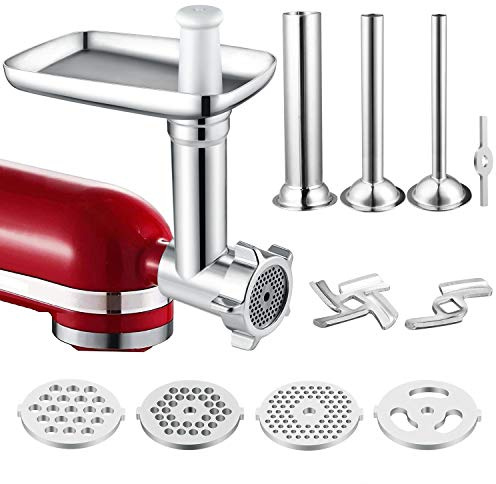 Fleischwolf-Aufsatz, kompatibel mit KitchenAid Standmixern und Cuisinart Standmixern SM-50 Serie inklusive Wurstfüller/Mahlplatten/Mahlklingen-Zubehör