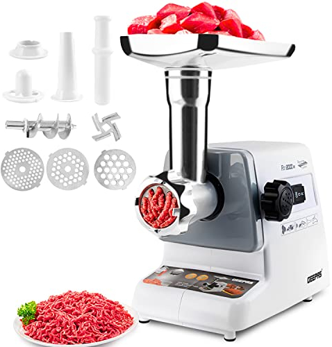 Geepas 1400W Electric Meat Grinder - Sausage Maker, Meat Mincer, Sausage Stuffer Food Grinding Mincing Machine with Kibbe Attachment – 3 Different Cutting Plates, Reverse Function – 2 Year Warranty