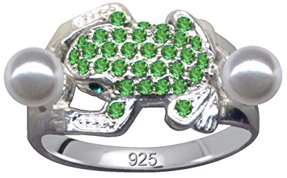 Silber Ring Echt Sterling 925 Frosch 2 Perlen Zirkonia Kristalle Liebe Glaube Hoffnung Emotion Symbol Motiv Stil Objekt extravagant neu gut schön modisch weiss klar transparent