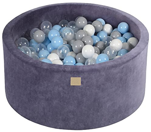 MEOWBABY Bällebad 90x40cm Samt - Bällebad Baby ab 1 Jahr - Ballgrube mit 300 Bällen - Weiches Kinder Bällebad, Graublau