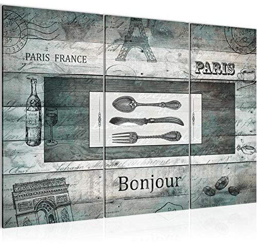 Runa Art Madera de cocina Cuadro Decorativo para Sala XXL turquesa Cubiertos vintage 120 x 80 cm 3 Piezas Decoración de Pared 038031b