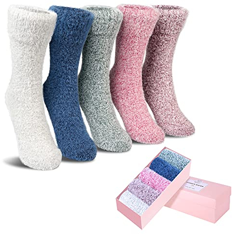 ICEIVY 5 Pairs Fluffy Cozy Socks for Womens Warm Wool Soft Bed Ladies Thermal Socks for Winter with Beautiful Gifts Box