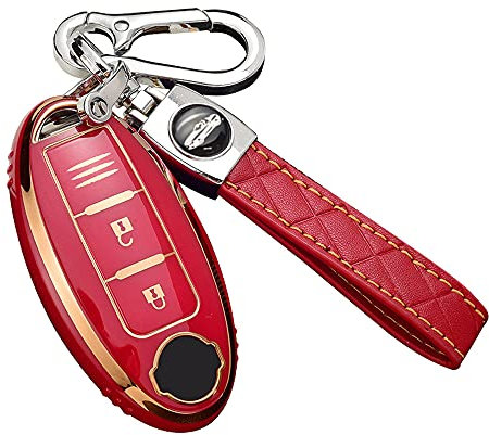 ontto TPU Coque de clé de Voiture Adapté pour Nissan Qashqai J11 Pulsar 370Z Micra Cube Juke Note Tiida Wingroad Télécommande TPU Coque Cas de Protection pour clé de Voiture avec Porte-clés-Rouge A
