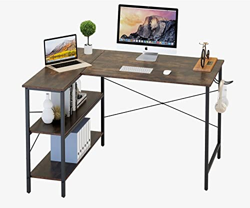 PADMA HOUSE Schreibtisch, Eckschreibtisch mit 2 Ablagen, L-förmiger Computertisch, Stabiler Metallrahmen, platzsparender, PC Bürotisch, Industriestil, für Büro, Gaming (Vintage-Braun)