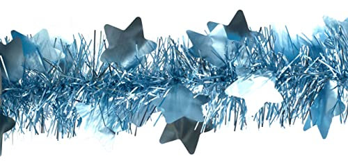 Creativery Weihnachtsgirlande Lametta 9cm x 2m mit großen Sternen Weihnachtsbaum hellblau matt