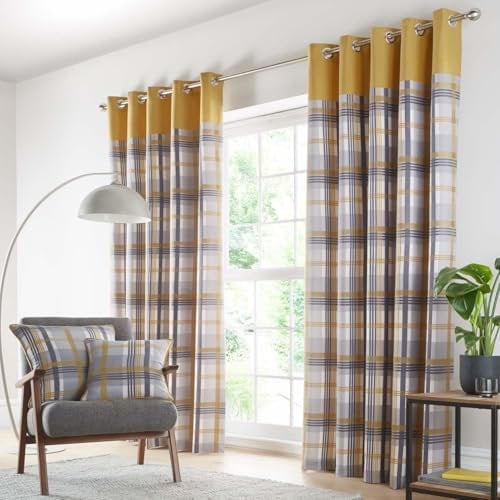 HOMEMAKER BEDDING Check curtains eyelet ring top lined ochre yellow grey taupe tartan (46 x 54 (117x137cm))