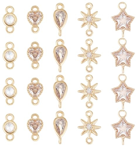 BENECREAT 20Pcs 5 Stil 18 Karat vergoldete Glieder Flacher runder Stern Messing Micro Pave Zirkonia Glieder Tropfen Herzform Kristallverbinder für die Herstellung von Halsketten