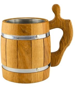 Waldmeister - Holz Bierkrug - Krug aus Eiche - Hochglanz - Edelstahl Einsatz - 0,5 Liter - Robust - strapazierfähig - langlebig