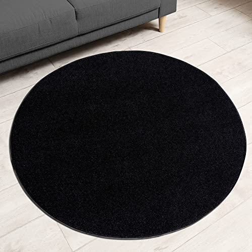 Impression Kurzflor-Wohnzimmerteppich - Schlichte Moderne Teppiche für Schlafzimmer, Büro, Flur, Küche, Kinderzimmer - Schwarz, 200 cm Rund