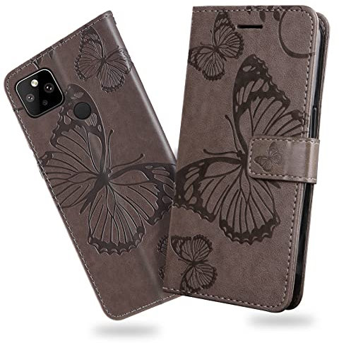 DENDICO Coque pour Google Pixel 5 XL/Pixel 4A 5G, Papillon Imprimé Housse en Cuir PU Magnétique Portefeuille, Étui à Rabat pour Google Pixel 5 XL/Pixel 4A 5G, Gris