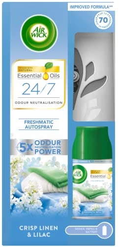 Air Wick Automatic Air Freshener Freshmatic Spray Kit, Cirsp Linen & Lilac, 1 Gadget & 1 Refills (250ml), Natural Essential Oils, Last up to 70 Days, Air freshener