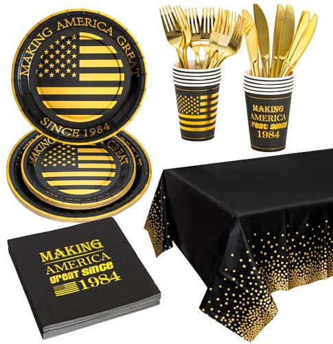 Crisky 40th Birthday Plates and Napkins Black Gold for Men 40th Birthday Party Decoration, Set of 24, Making Great Since 1984 (9 & 7 Plates, Napkin, 9oz Cups, 106×54 Tablecloth, Knife & Fork)