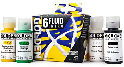 Fluid Acrylics by GOLDEN, Fluid Intro Set, 6 couleurs, flacons de 30 ml, peinture acrylique professionnelle