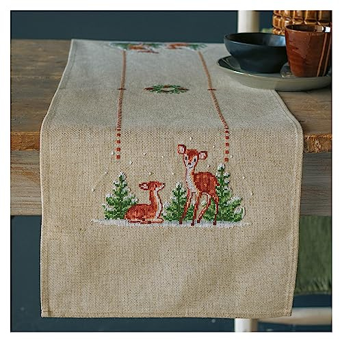 Vervaco Stickpackung Tischläufer Sticken Set Erwachsene Vorgedruckt Hirsch Stickläufer zum Selbersticken Vorgezeichnet Decke Sticken Stickpackung Plattstich 29 x 102 cm Kreatives Geschenk