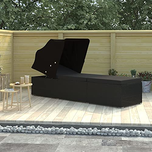 XIAOGUANG Sonnenliege mit Sonnenschutz und Auflage, Gartenliege, Liegestuhl, Sonnenstuhl, Sonneninsel Outdoor, Liegen, Gartenmöbel, Bäderliege, Relaxliege,Poly Rattan Schwarz