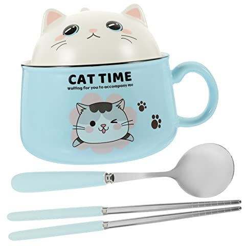 Cabilock 1ensemble Bol à Ramen avec Couvercle Et Anse Capacité pour Soupe Salades Et Noodles Design Chat Mignon pour Événements Familiaux Et Restaurants