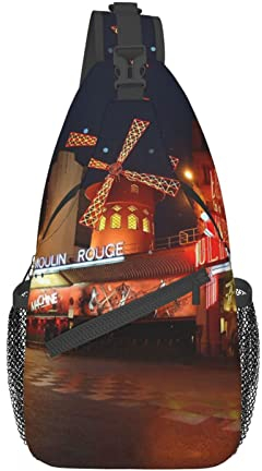 RVENU Moulin Rouge bedruckte Schultertasche, Kreuz-Brusttasche, diagonal, modisch, für Reisen, Wandern, Schulterrucksack, Unisex, Schwarz, Einheitsgröße