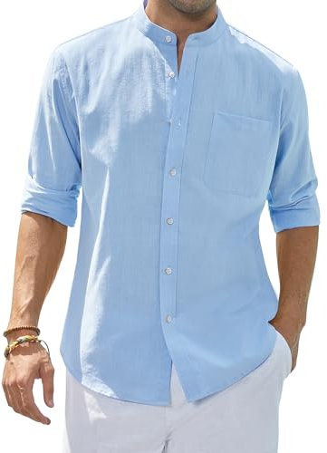 siiteelon Hemd Herren Leinenhemd Freizeithemd Blau Casual Leinen Bluse Langarm Regular Fit Western Hemden Baumwolle Langarmhemd Herbst,XL