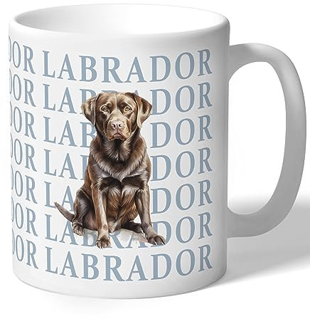 Dog Lovers Collection Chocolate Labrador Mug Gift for Her, Him, Women, Men, Birthday, Christmas Ceramic 10oz/300ml (Sitting with Blue Text)