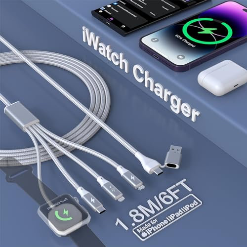 Upgraded 4 in 2 USB C Multi Charging Cable for Apple Watch Charger,Portable Magnetic Fast Charger Cord,MFi Certified & Data Sync for iWatch Ultra/SE2/9/8/7/6/5/4/3/2/1/SE,iPhone 15 14 13 Galaxy-6FT