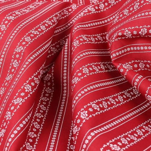Dirndlstoff Trachtenstoff Meterware 100% Baumwolle - 1 Meter Stoff, Tracht, Dirndl, Landhaus, Schürze, Bluse, Kleid, Rock, Kissen, Vorhänge, Deko (Streifen Blumn Fanny Rot)