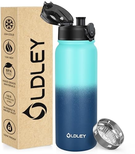 OLDLEY 600ml/20oz Stainless Steel Water Bottle Double Walled Vacuum Flask Keeps Drink Hot and Cold Leakproof BPA Free 600ML Metal Insulated Water Bottle for Sport School Outdoor Hiking (Green Blue)