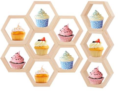 PH PandaHall 10pcs support à Cupcakes en Nid D'Abeille, Étagères en Nid D'Abeille Présentoir à Gâteaux Hexagonal en Bois Panneau de Table Flottant avec 30 rubans Adhésifs Double Face pour Fête