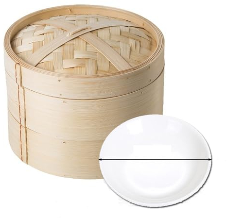 Soulnioi Bamboo Steamer 20CM, Two-Tier Food Steamer Basket/Dim Sum Steamer, Includes Bamboo Lid, 2 x Bamboo Basket, 15.5cm plate, for Buns, Dumplings, Vegetables