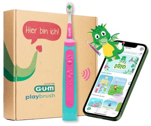 GUM Playbrush KIDS 3+, smarte elektrische Schallzahnbürste für Kinder ab 3 Jahren mit interaktiver Spiele-App, Andruckkontrolle, Timer, 2 Putzprogrammen, 1 Aufsteckbürste, 8 Wochen Akku, Pink