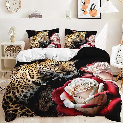 Yaofeiou Leopard Tier Bettwäsche 155x220 3Teilig Leopard und Blumenmuster Bettwäsche Jungen Mädchen Mikrofaser Bettbezug Tiermotiv Wildtier Muster Bettwäsche mit 2 Kissenbezug 80x80