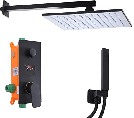 HOARLICN Schwarz Unterputz Duschsystem, LED Regendusche Kopfbrause Bad Mit 30 X 30 Eckigem Brausekopf Aus Edelstahl Und Messing Regenbrause Armatur System Mit Handbrause Aus Metall