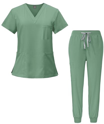 Meichoon Medizinischer Overall Anzug V-Ausschnitt Kurzärmliges Oberteil mit 3 Taschen Schlanke Hose Schnelltrocknend Größen Unisex DK05