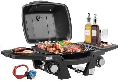 Warmiehomy 2 Burner Portable Gas BBQ Barbecue Grill, Small Gas BBQ Grill with Removable Side Tables and Built-in Thermometer for Outdoor Camping Cooking,101x47x34.8cm